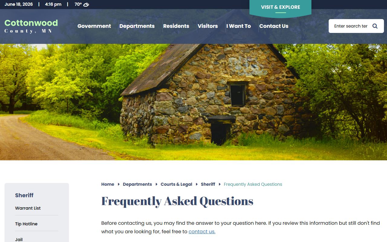 Cottonwood County inmate records sheriff FAQ page